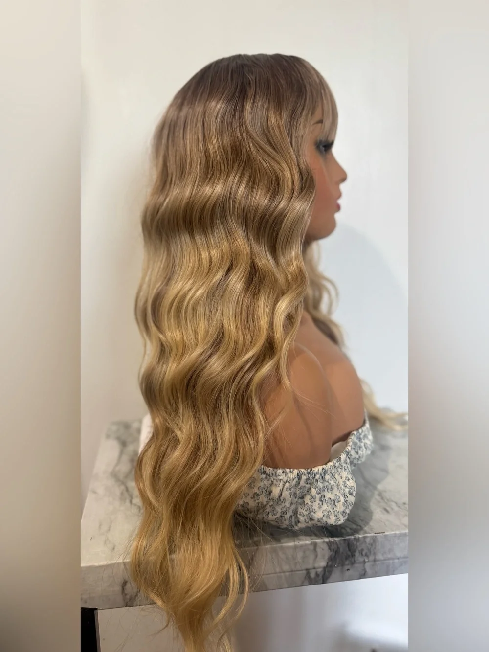 Long Wavy Ombre Wig with Bangs Brown to Honey Blonde Balayage Heat Friendly